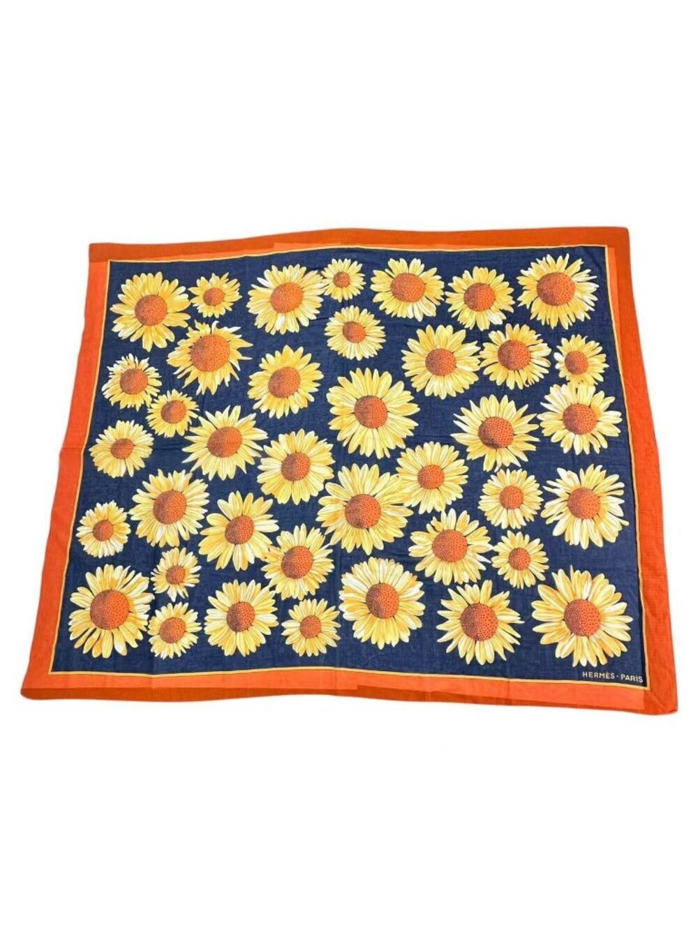 Hermes Scarf Large Sunflower Pattern Orange Navy